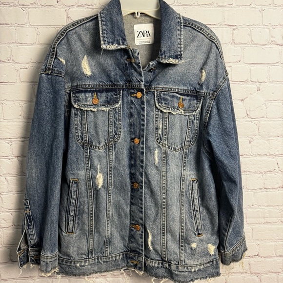 Zara light wash retro distressed denim jacket ladies size XS oversized biker - Picture 5 of 5